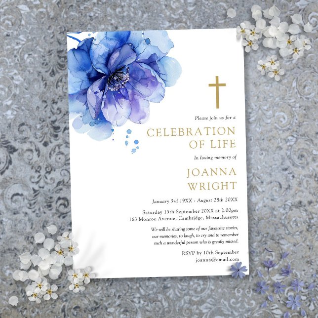 Invitación Celebración Cristiana de Funeral de Vida Floral Az (Blue Floral Christian Celebration Of Life Funeral Invitation)