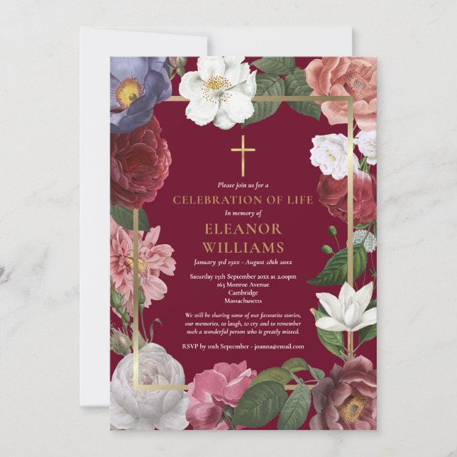 Invitación Celebración cristiana de la vida Borgoña Floral (Anverso)