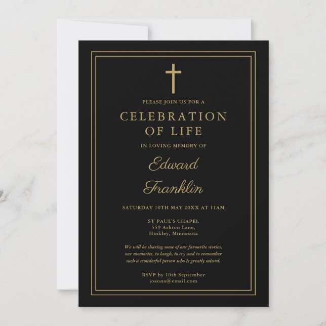 Invitación Celebración Cristiana de la Vida en Negro y Dorado (Anverso)