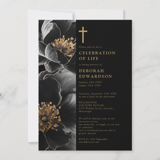 Invitación Celebración cristiana de la vida en negro y dorado (Anverso)