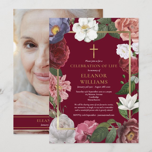 Invitación Celebración cristiana de la vida foto de Borgoña (Anverso / Reverso)