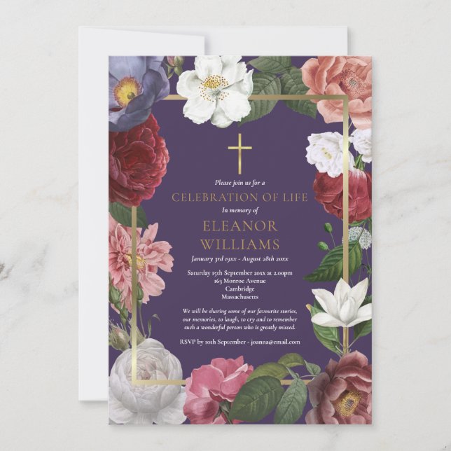 Invitación Celebración cristiana de la vida Morado Rosa flora (Anverso)