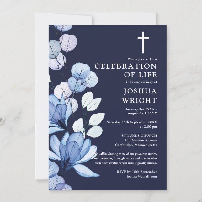 Invitación Celebración Cristiana Floral Azul Del Funeral De L (Anverso)