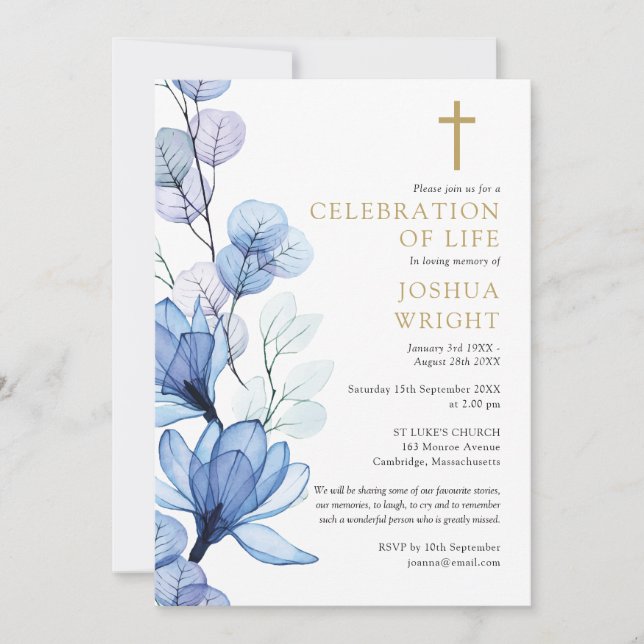 Invitación Celebración Cristiana Floral Azul Del Funeral De L (Anverso)