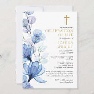 Invitación Celebración Cristiana Floral Azul Del Funeral De L