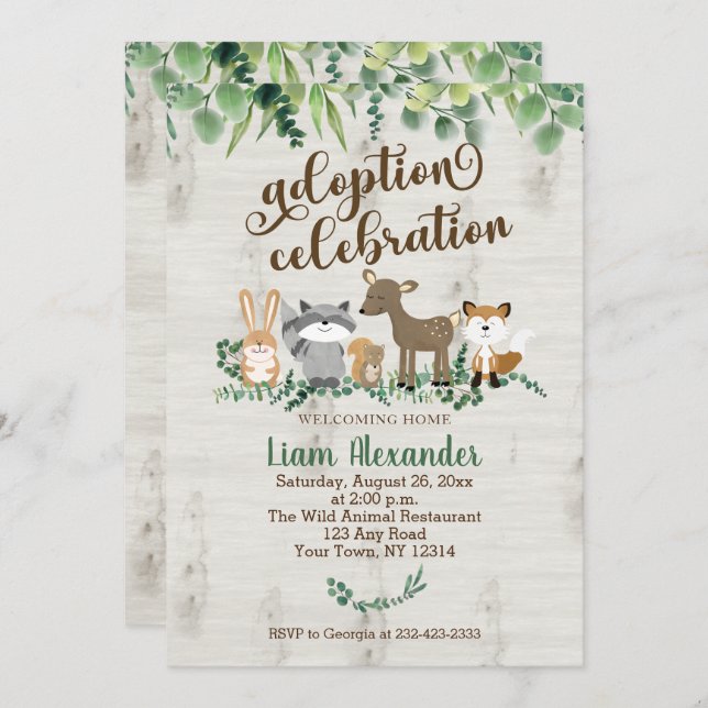 Invitación Celebración de adopción con animales del bosque (Anverso / Reverso)