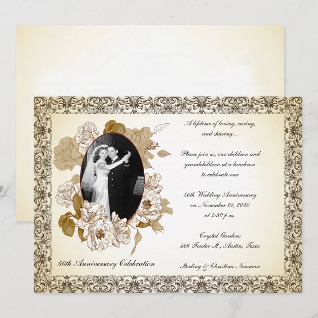 Invitación Celebración de aniversario vintage número 50 (Anverso / Reverso)