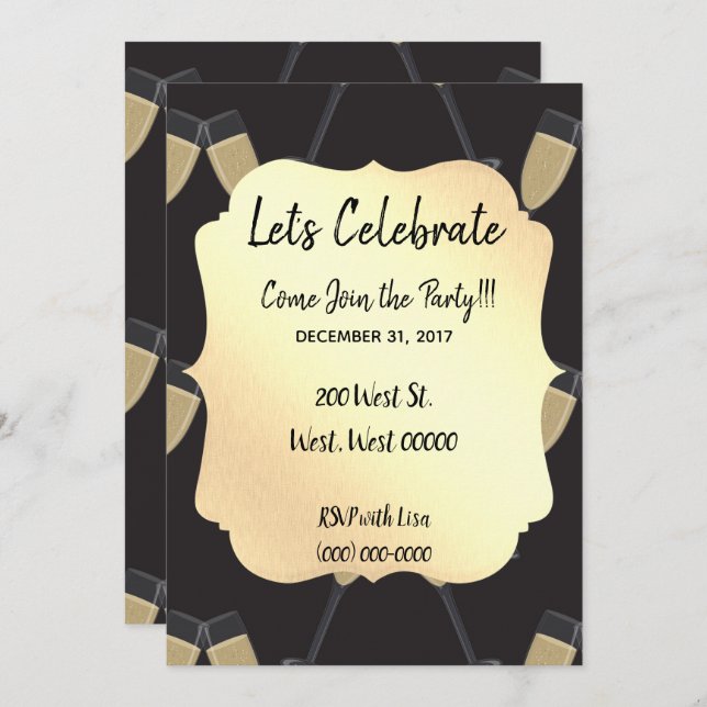 Invitación Celebración de Año Nuevo con estilo negro y dorado (Anverso / Reverso)
