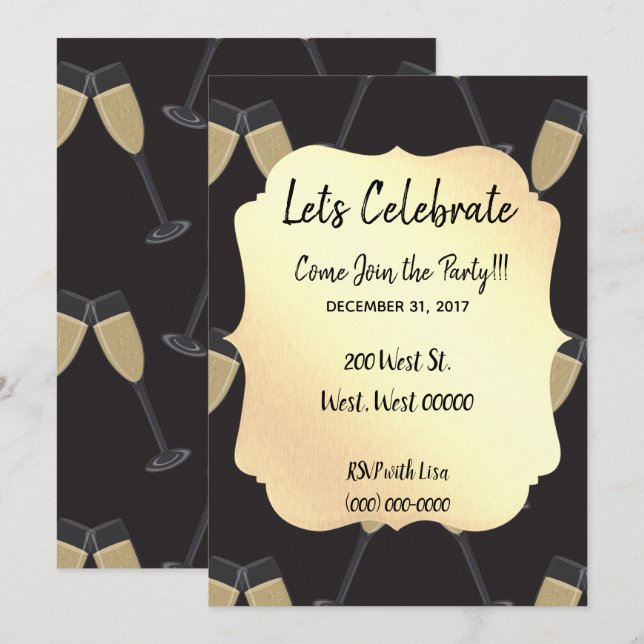 Invitación Celebración de Año Nuevo Negra y Dorada con Clase (Anverso / Reverso)