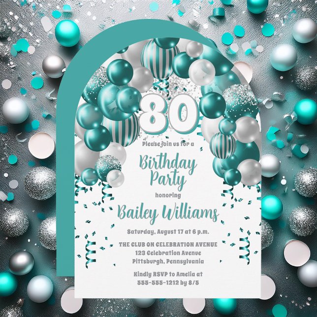 Invitación Celebración de Aqua Globos Fiesta de Cumpleaños 80 (Aqua Celebration Balloons "80" 80th Birthday Party Invitation - Print | Digital Download)
