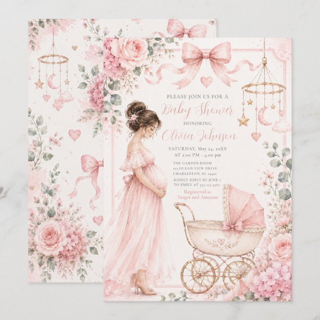 Invitación Celebración de baby shower rosa (Anverso / Reverso)