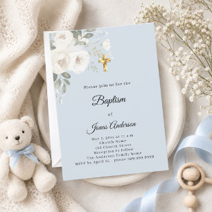 Invitación Celebración de bautizo flores azules y blancas niñ