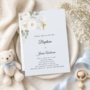 Invitación Celebración de bautizo flores blancas azul claro n