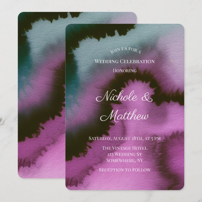 Invitación Celebración de Boda Abstracta Morada y Turquesa (Anverso / Reverso)