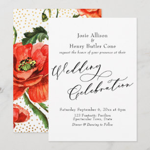 Invitación Celebración de Boda Amapolas Rojas Confeti Dorado 