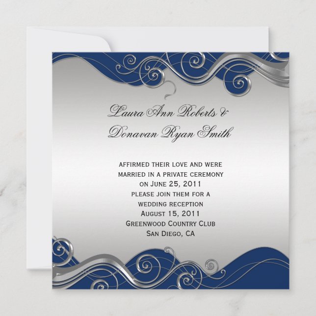 Invitación Celebración de boda azul marino con remolinos plat (Anverso)