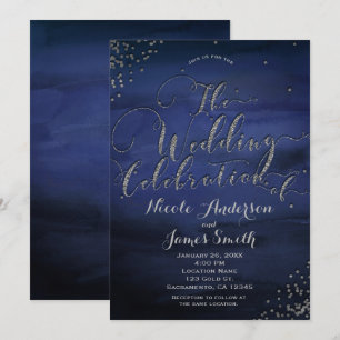 Invitación Celebración de Boda Azul Plateada Acuarela Moderna