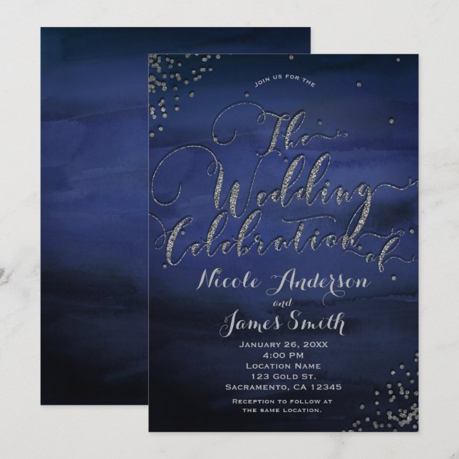 Invitación Celebración de Boda Azul Plateada Acuarela Moderna (Anverso / Reverso)