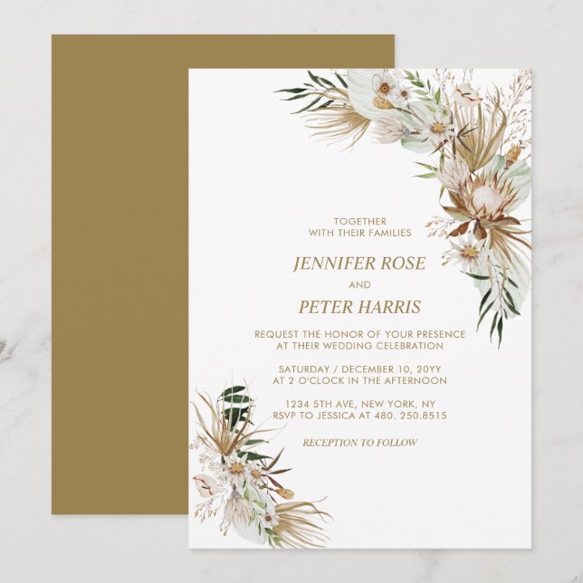 Invitación Celebración de Boda Botánica Boho Verde y Dorada (Anverso / Reverso)