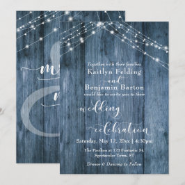 Invitación Celebración de Boda Caligrafía Madera y Luces Azul