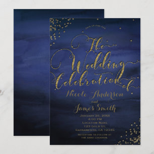 Invitación Celebración de Boda con Acuarela Moderna Azul y Do