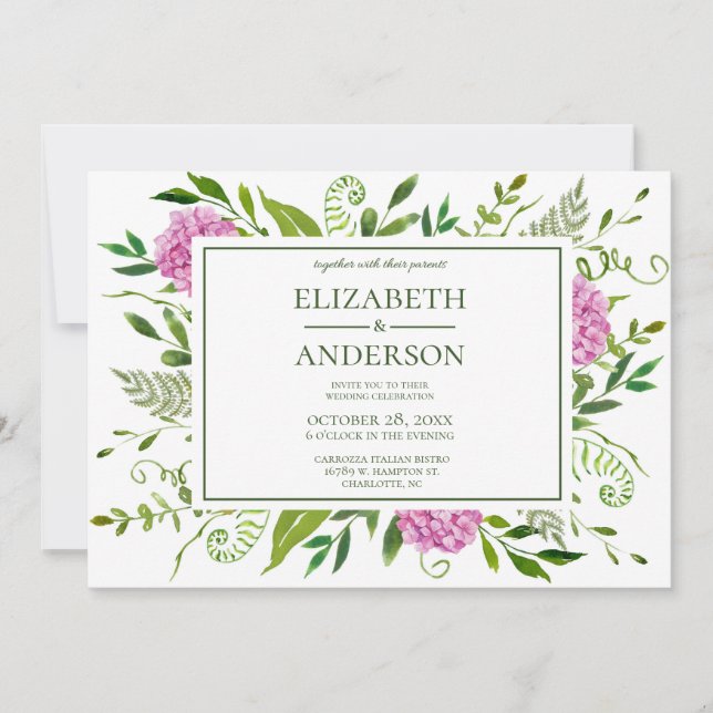 Invitación Celebración de boda con Hortensias Rosadas (Anverso)
