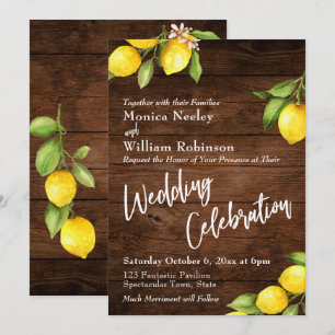 Invitación Celebración de Boda con Limones Acuarela y Madera 