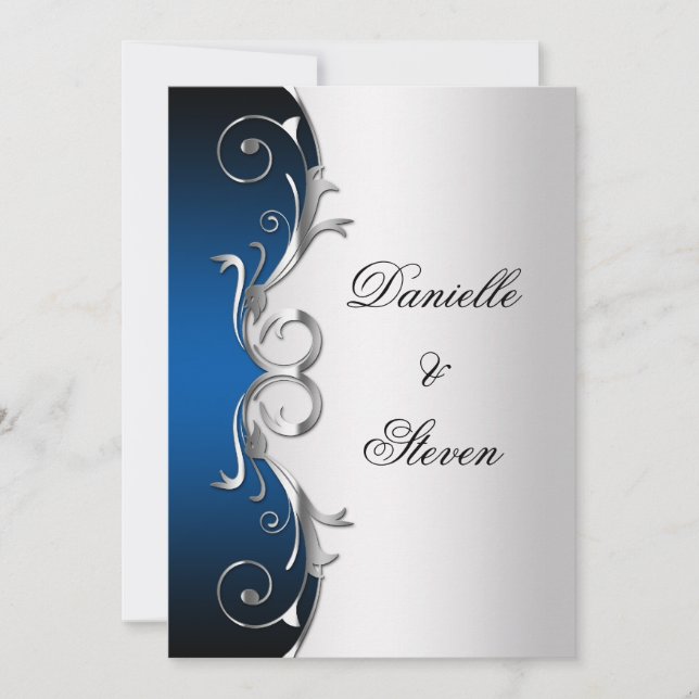 Invitación Celebración de Boda con Poste de Plata Azul Orname (Anverso)