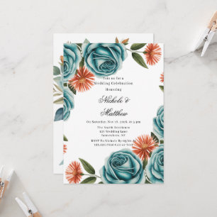 Invitación Celebración de boda con rosas verdes turquesa y fl