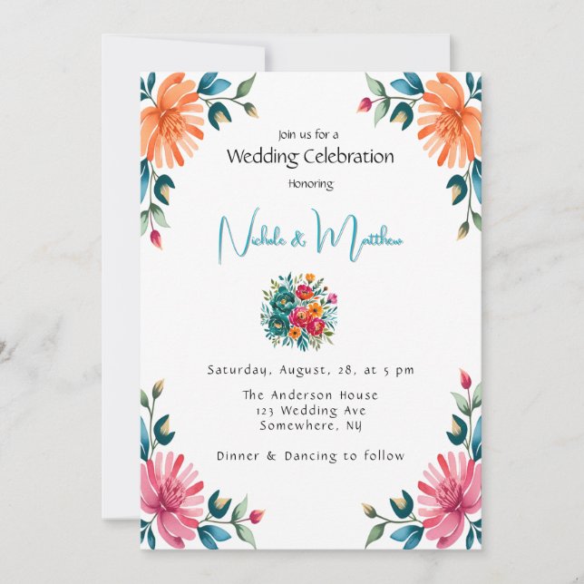 Invitación Celebración de Boda de color de agua romance (Anverso)