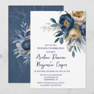Invitación Celebración de boda de peonía azul marino y dorado