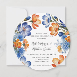 Invitación Celebración de boda floral azul cobalto y naranja