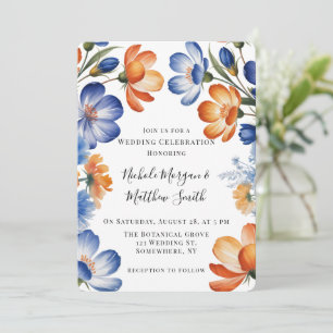 Invitación Celebración de boda floral azul cobalto y naranja