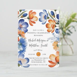 Invitación Celebración de boda floral azul cobalto y naranja