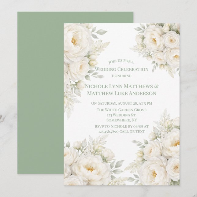 Invitación Celebración de Boda Floral Blanca Total (Anverso / Reverso)