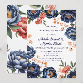 Invitación Celebración de boda floral de azul marino y naranj