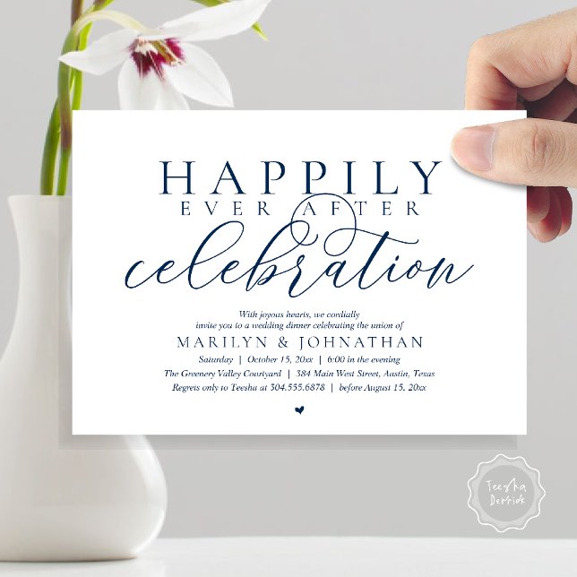 Invitación Celebración de Boda Moderna Feliz Para Siempre (Happily Ever After Modern Wedding Celebration Dinner Brunch, Lunch, Invites Card in Navy Blue)