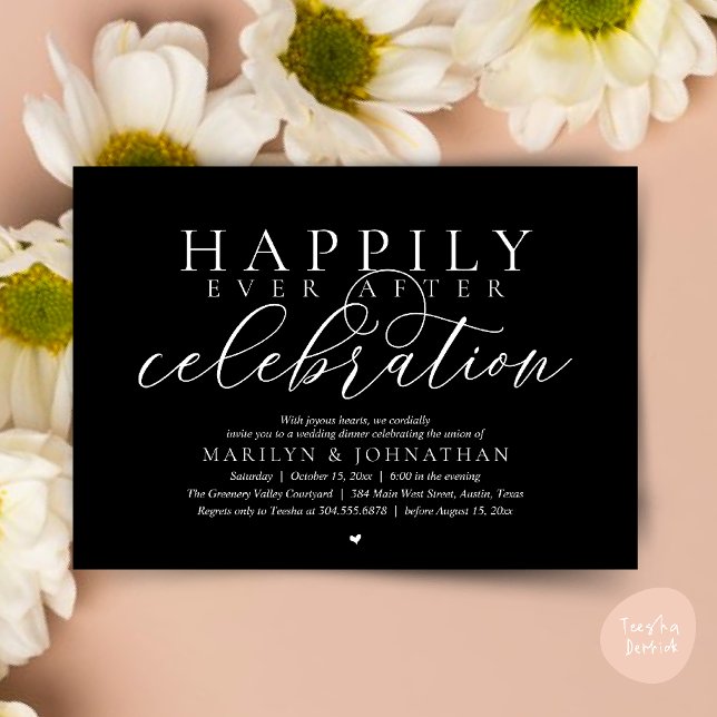 Invitación Celebración de Boda Moderna Feliz Para Siempre (Happily Ever After Modern Wedding Celebration Dinner Brunch, Lunch, Invites Card in Classy Black)