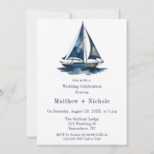 Invitación Celebración de boda náutica de barco de vela azul