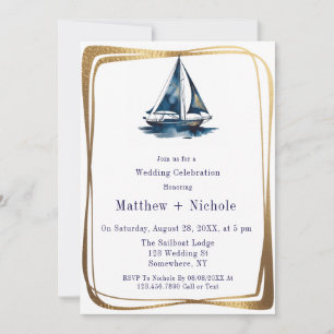 Invitación Celebración de boda náutica de velero azul y dorad