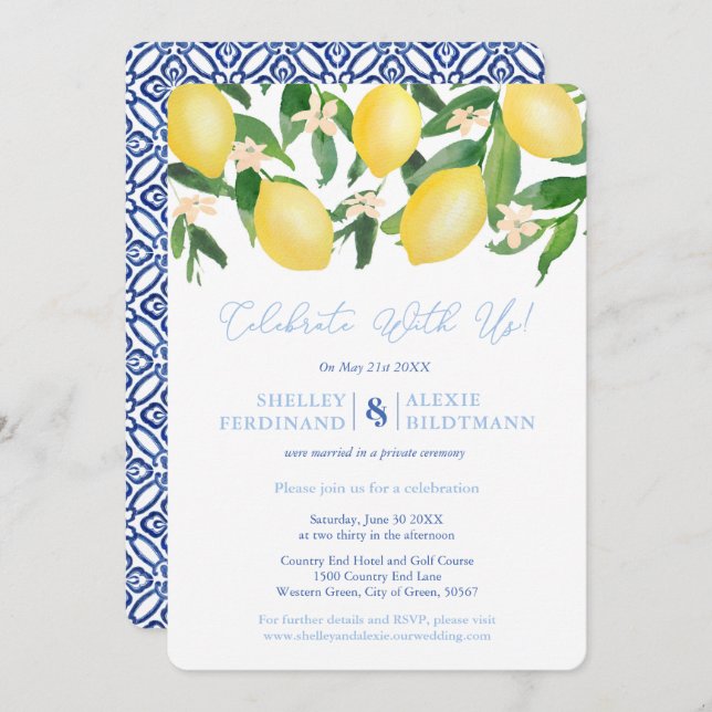 Invitación Celebración de boda posterior a Capri Limones Azul (Anverso / Reverso)