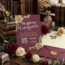 Invitación Celebración de Boda Rosas Doradas Modernas Rojo Bu