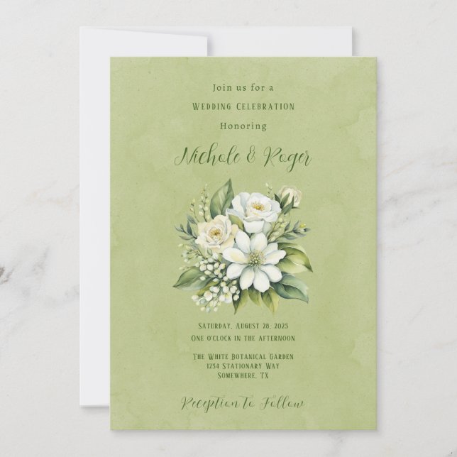 Invitación Celebración de Bodas con pintura verde floral blan (Anverso)