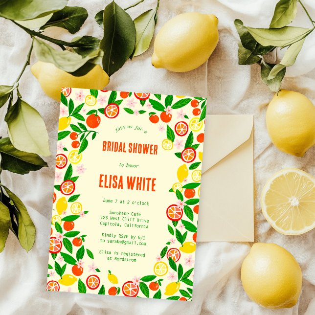 Invitación Celebración de cítricos DESPEDIDA DE SOLTERA de ve (Citrus Celebration CUSTOM Summer Hand-drawn BRIDAL SHOWER Invitation
)