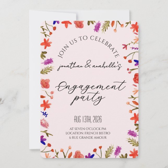 Invitación Celebración de compromiso de flores de acuarela el (Anverso)