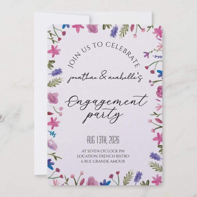 Invitación Celebración de compromiso de flores de acuarela el (Anverso)