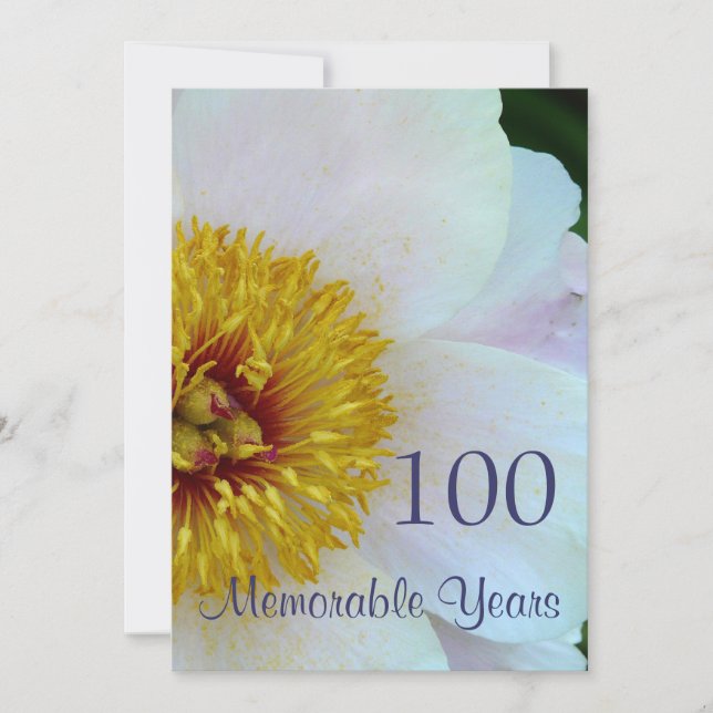 Invitación Celebración de cumpleaños 100/Peonía blanca elegan (Anverso)