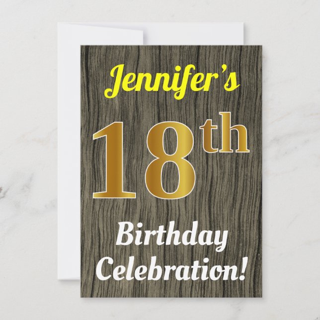 Invitación Celebración de cumpleaños 18 de madera falsa y oro (Anverso)
