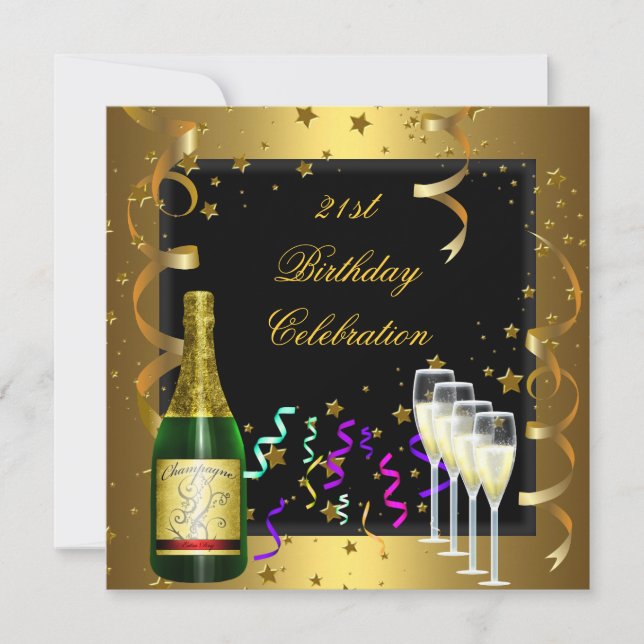 Invitación Celebración de cumpleaños 21 Champagne negro de or (Anverso)