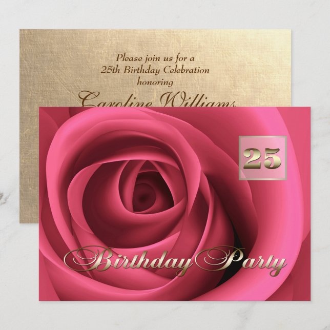 Invitación Celebración de cumpleaños 25 Rosa Elegante (Anverso / Reverso)